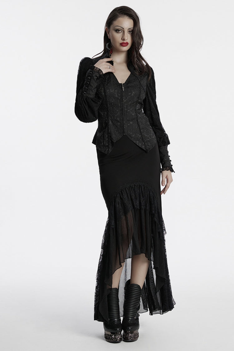 Black V Collar Long Puff Sleeves Lace-Up Zipper Women's Gothic Blouse
