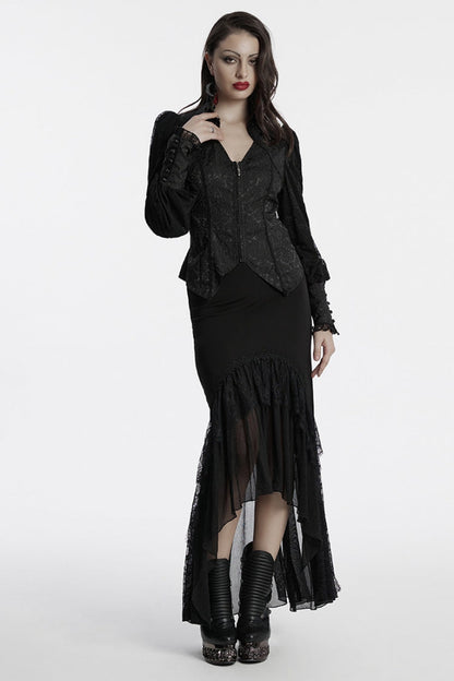 Black V Collar Long Puff Sleeves Lace-Up Zipper Women's Gothic Blouse