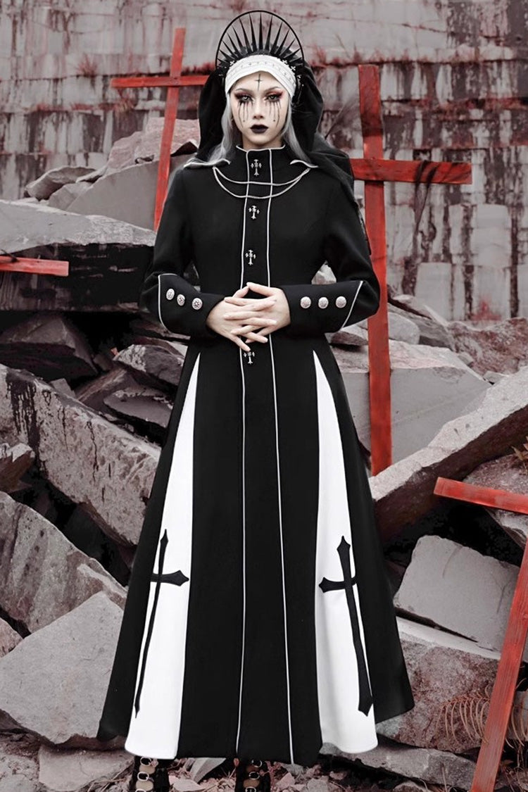 Black [The Trial of a Nun] Cross Print Hollow Cardigan Stitching Gothic Lolita Long Coat