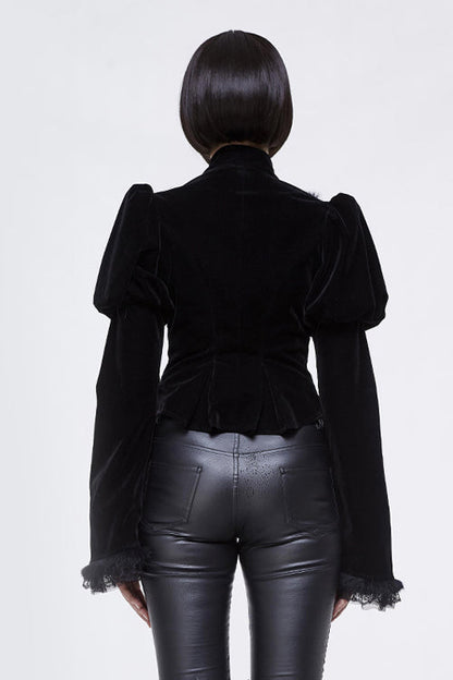 Small Stand Collar Flared Princess Sleeve Black Velveteen Short Womens Gothic Jacket