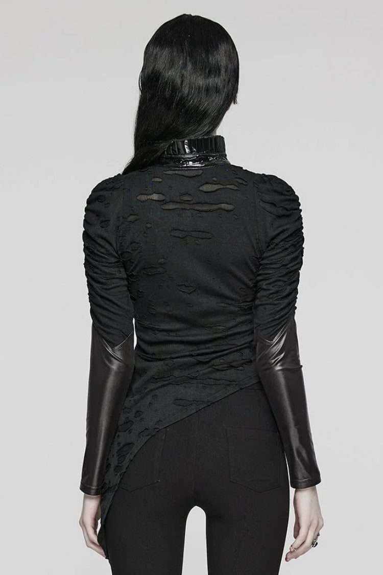 Black Stand Collar Long Sleeves Ruffle Slim Irregular Womens Steampunk T-Shirt