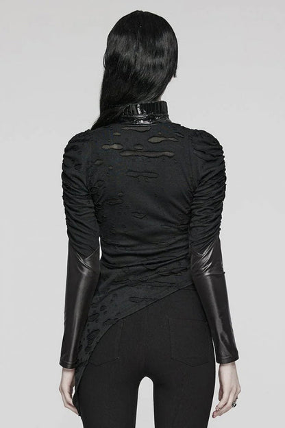 Black Stand Collar Long Sleeves Ruffle Slim Irregular Womens Steampunk T-Shirt