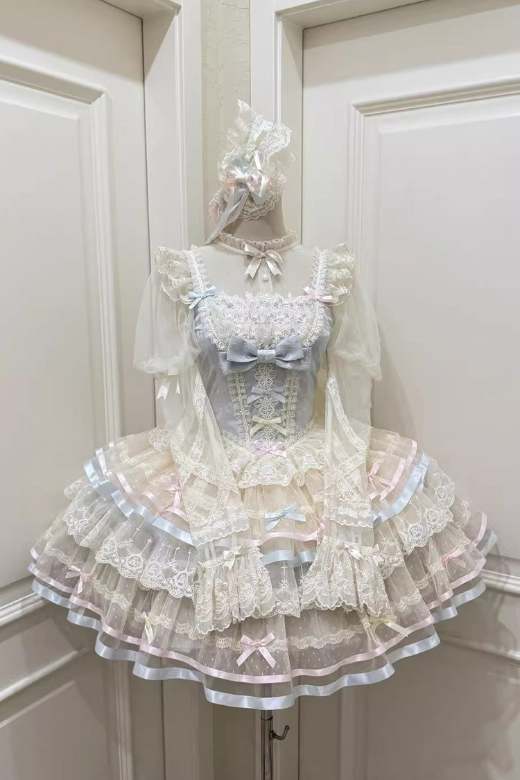 Blue [Butterfly Heart Ballet] Triple-Layered Ruffle Bowknot Lace Sweet Ballet Lolita Jsk Dress