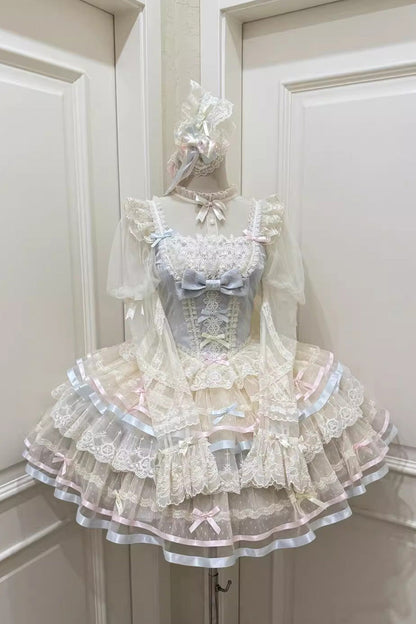 Blue [Butterfly Heart Ballet] Triple-Layered Ruffle Bowknot Lace Sweet Ballet Lolita Jsk Dress