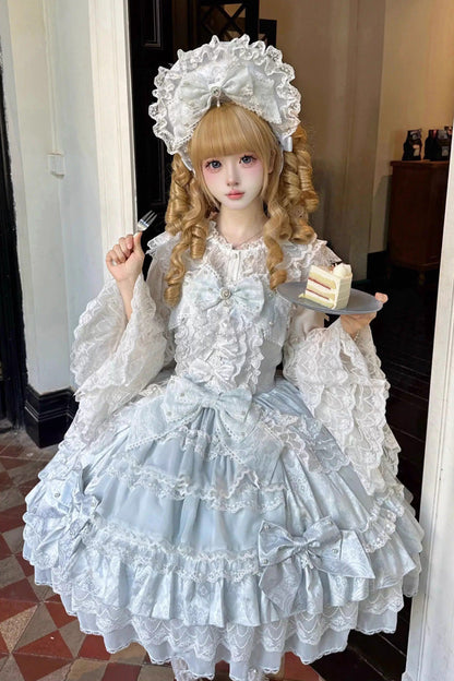 Blue [Dream-Sinking Pearl Veil] Doll-Style Sleeveless Multi-Layered Ruffled Bow Lace Daily Sweet Lolita Dress