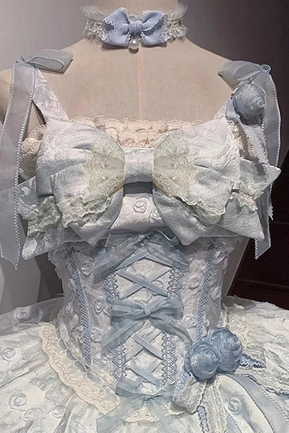 Blue [Floral Overture] Double-Layered Ruffle Embroidery Bowknot Lace Sweet Lolita Jsk Dress
