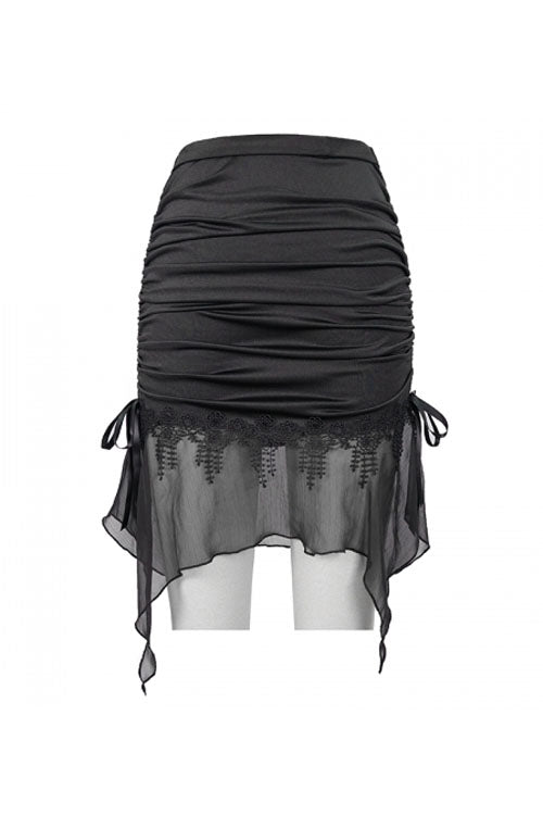 Black Translucent Chiffon Lace Hem Side Lace Up Cover Hip Gothic Swimsuit Fishtail Skirt