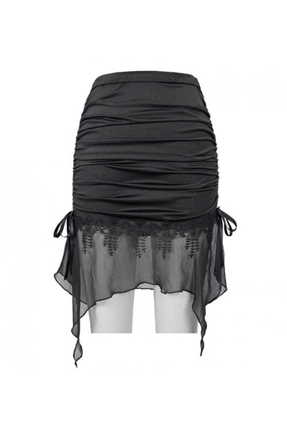 Black Translucent Chiffon Lace Hem Side Lace Up Cover Hip Gothic Swimsuit Fishtail Skirt