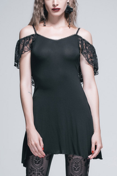 Black Sexy Rose Lace Tassel Back Over Hip Womens Long Gothic T-Shirt
