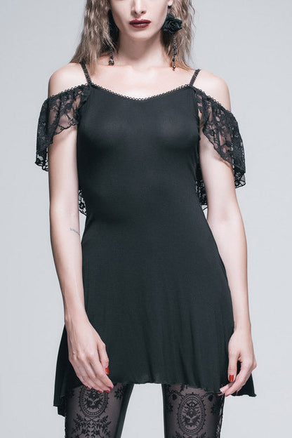 Black Sexy Rose Lace Tassel Back Over Hip Womens Long Gothic T-Shirt