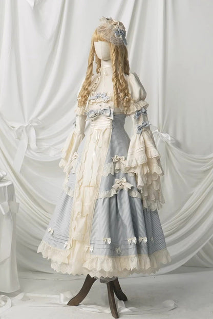 Blue [Letter Paper] Sleeveless Double-Layered Printed Ruffled Open-Front Bow Lace-Up Sweet Lolita Jsk Dress (Long Version)