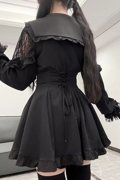Black [Truffle Forest] Long Sleeves Ruffle Stitching Lace-Up Jirai Kei Japanese Dress Shorts Set