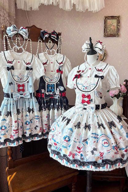 Black [Mystery Rabbit Tea Party] Sleeveless Print Bowknot Lace Sweet Lolita Strap Dress