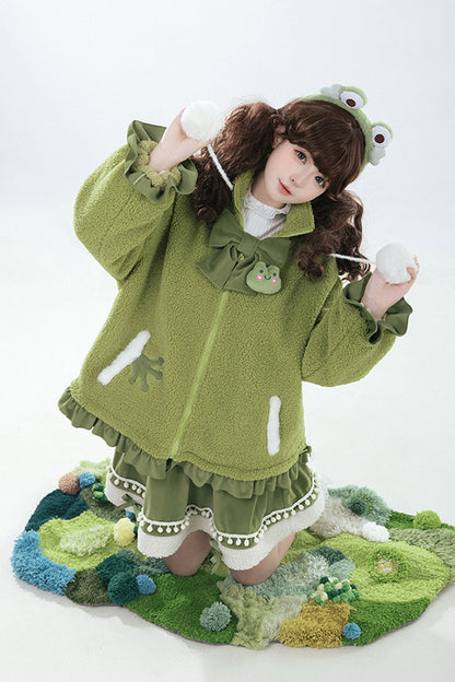 Green [Frog] Long Sleeves Bowknot Hooded Sweet Lolita Coat