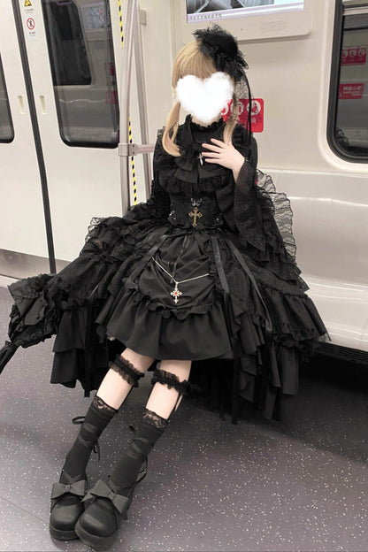 Black [Eternal Taboo] Long Hime Sleeves Ruffled Bow Gothic Lolita Skirt Dress Set