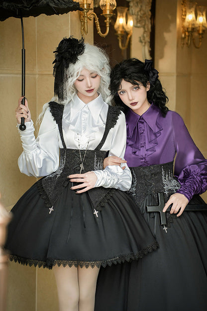 Black [Night of Thorns] Sleeveless Embroidery Lace-Up Gothic Lolita Strap Breast Support Dress 2 Versions