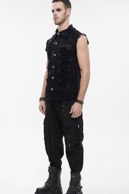 Black Punk Standing Collar Irregular Hand-Painted Sleeveless Metal Decoration Tattered Men's Shirt