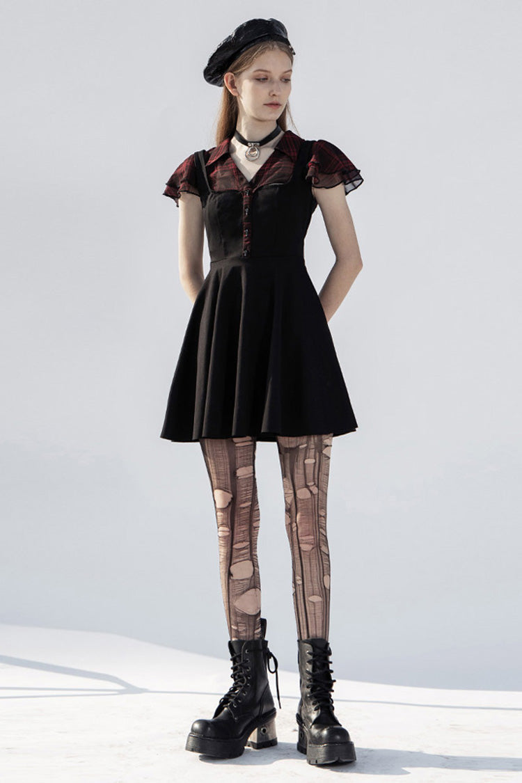 Black/Red V-Neck Ruffled Short-Sleeved Check Chiffon Waisted Skull Stud Women's Punk Dress