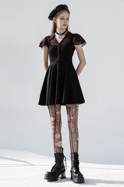 Black/Red V-Neck Ruffled Short-Sleeved Check Chiffon Waisted Skull Stud Women's Punk Dress
