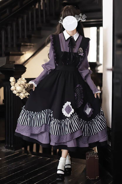 Black [Witch Academy] Double-Layered Stripe Print Ruffle Bowknot Irregular Sweet Lolita Jumper Dress