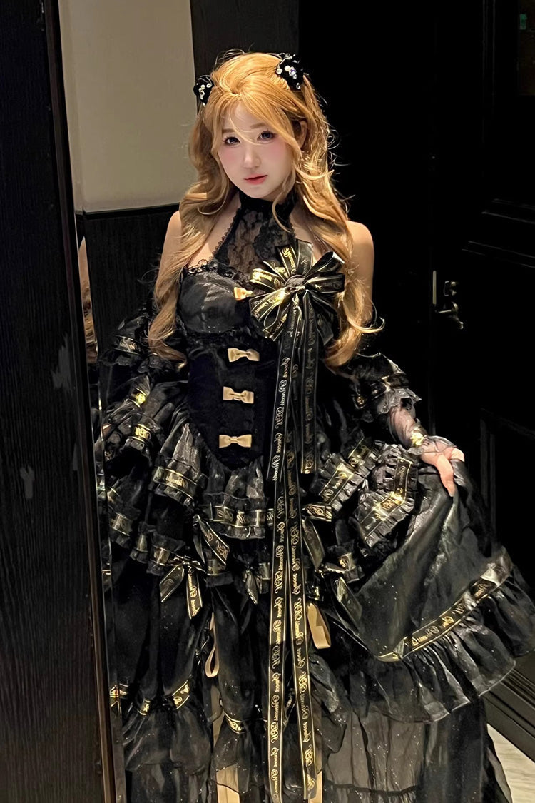 Black [Obsidian Banquet] Double-Layered Ruffled Hanayome Bow Lace Sweet Gothic Princess Lolita Jsk Dress