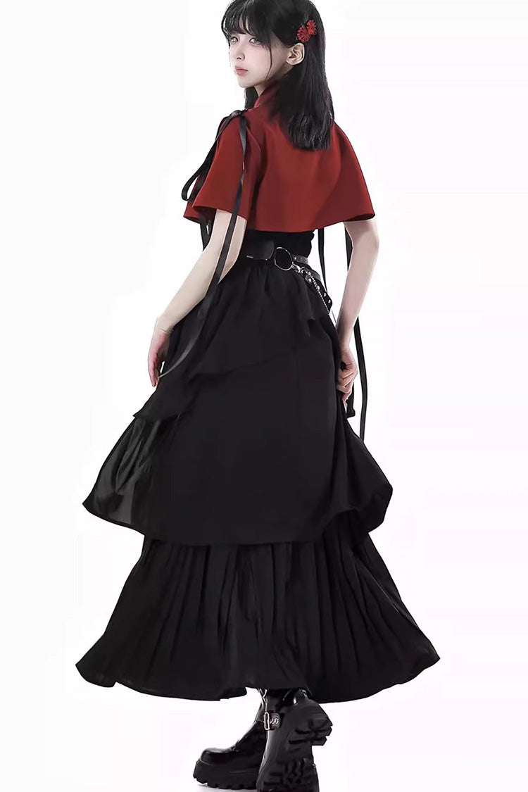 Red/Black [Moonlight Flowing] Long/Short Sleeves Ruffled Asymmetric Gothic Jirai Kei Skirt Set