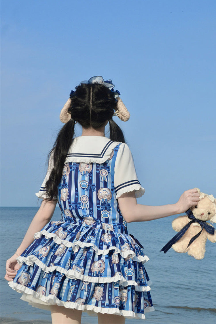 Blue [Glory of the Dog] Navy Collar Short Sleeves Low Waisted Triple-Layered Printed Ruffled Bow Sweet Lolita Dress