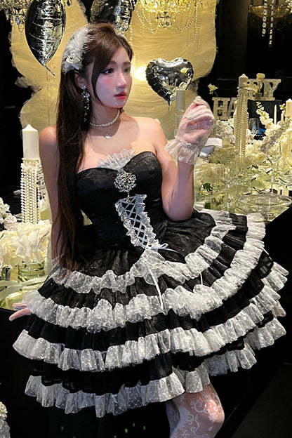 Black [Heartbeat at First Sight] Off Shoulder Sleeveless Multi-Layered Ruffle Bowknot Lace Lace-Up Sweet Princess Gorgeous Lolita Dress
