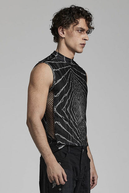 Halo Print Sleeveless Stitching Mesh Rivets Mens Steampunk T-Shirt 2 Colors