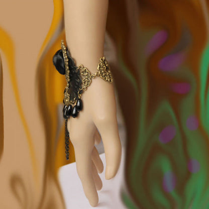 Black Retro Fashion Flower Pearl Female Band Gothic Lolita Ring Bracelet