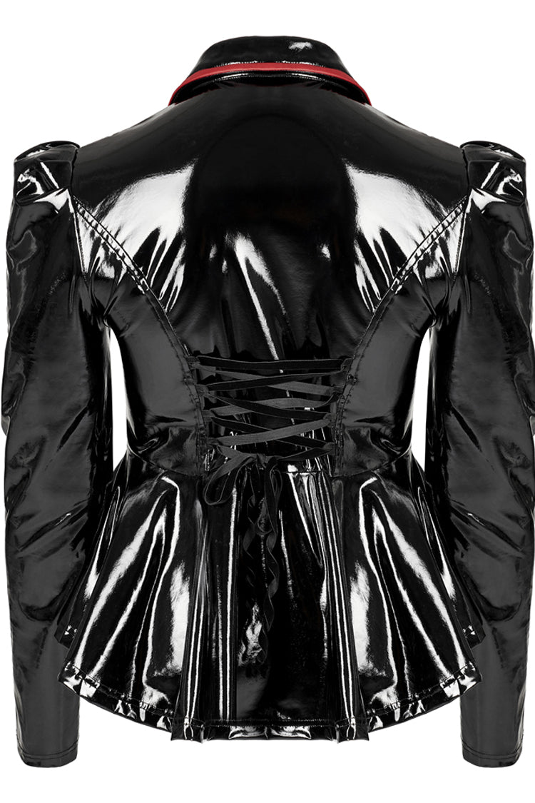 Black/Red Patent Leather Lapel Pleated Slim Fit Faux Leather Long Sleeve Punk Women's Jacket