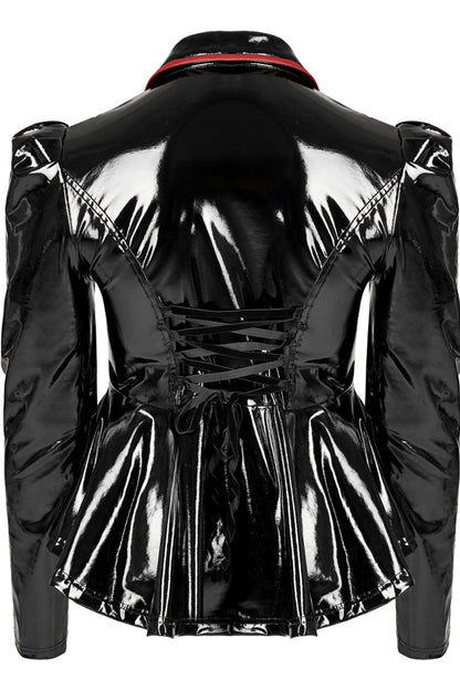 Black/Red Patent Leather Lapel Pleated Slim Fit Faux Leather Long Sleeve Punk Women's Jacket