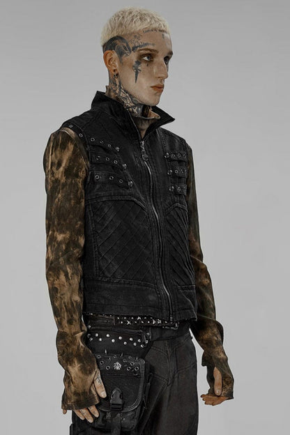 Twill Metal Skeleton Claw Zip Stand Collar Sleeveless Mens Steampunk Vest 2 Colors
