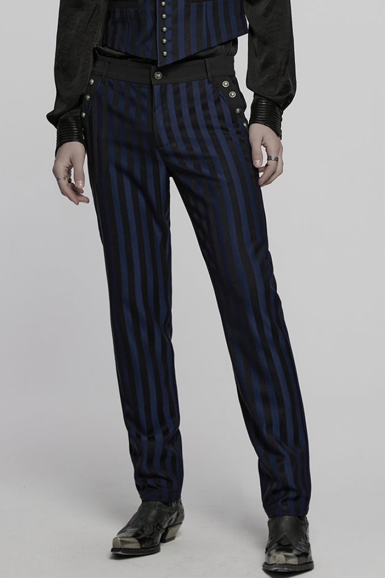 Black/Blue High Waisted Striped Print Men's Gothic Suit Pants