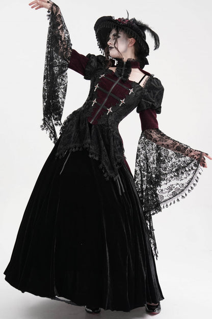 Wine Red Long Sleeves Hollow Lace Tassels Women's Gothic Jacket