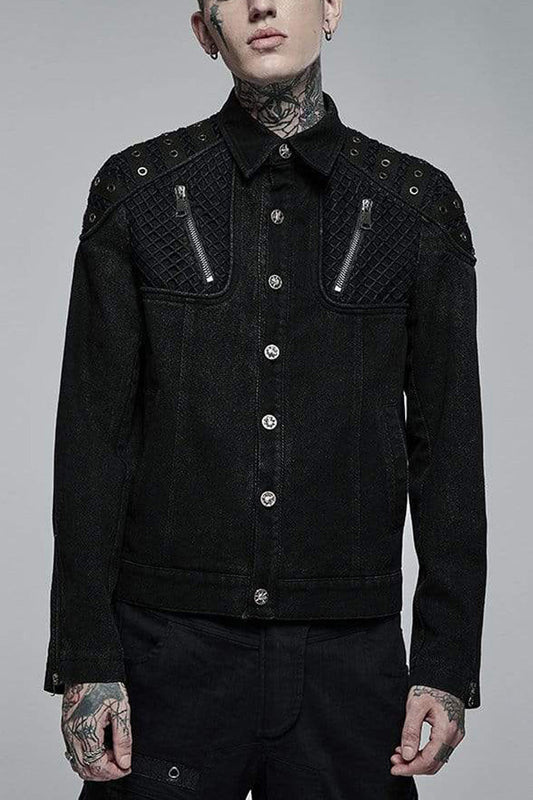 Black Punk Washed Aged Texture Rough Grain Splicing Mesh Metal Buttonholes Zipper Trim Long Sleeve Men's Coat