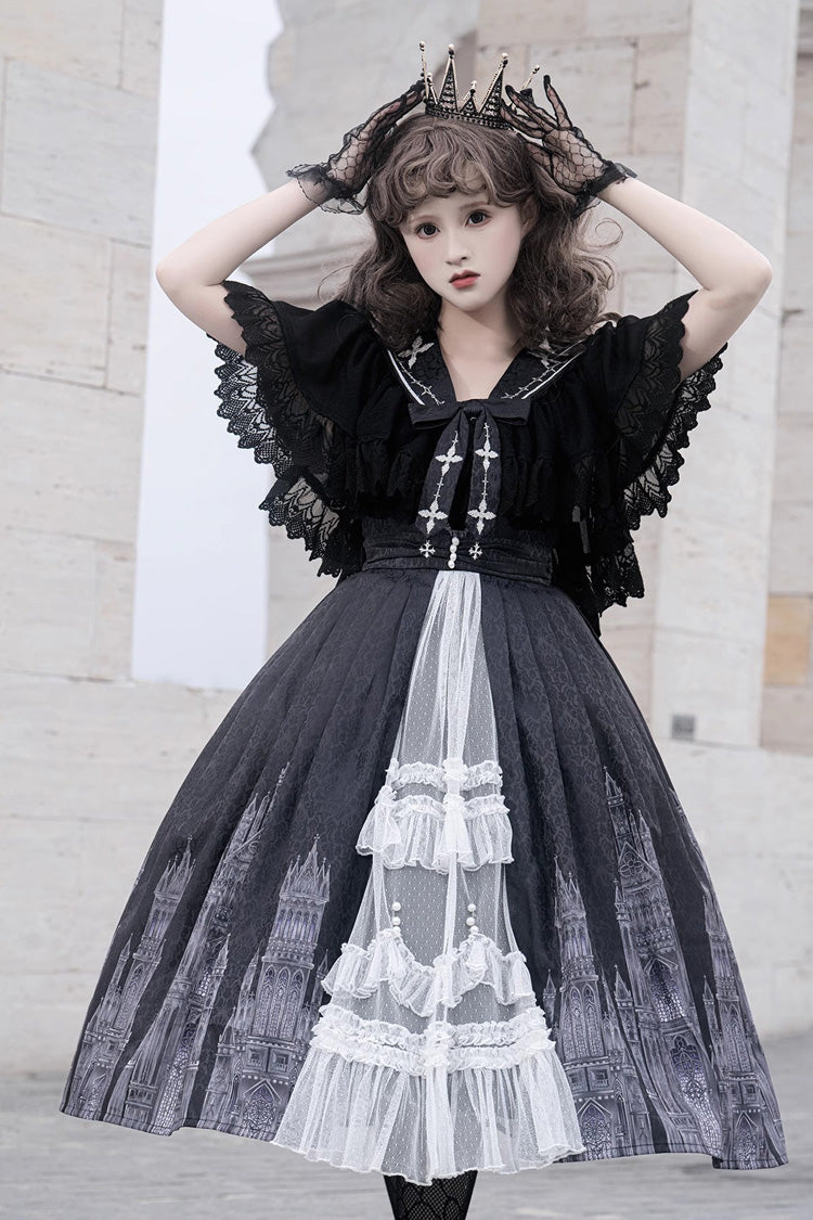 Black Sleeveless Print Lace Gothic Vintage Princess Lolita Jsk Dress