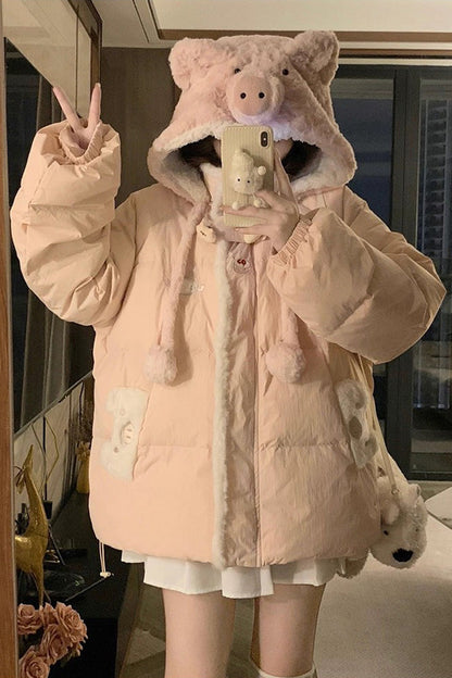 Pink [Cute Pig] Long Sleeves Hooded Sweet Lolita Coat