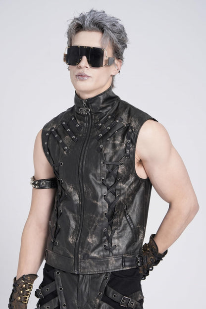 Black Stand Collar Sleeveless Strappy Stitching Zipper Men's Gothic Vest