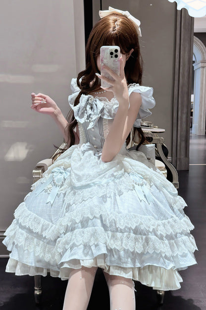Blue [Fairy Tale Advent] Multi-Layered Ruffle Bowknot Lace Sweet Princess Gorgeous Lolita Tiered Dress