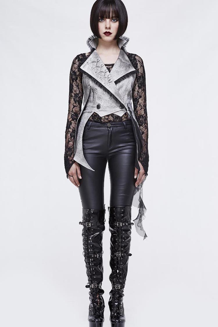 White Painted Back Lace Up Lace Hem Asymmetrical Women's Gothic Waistcoat