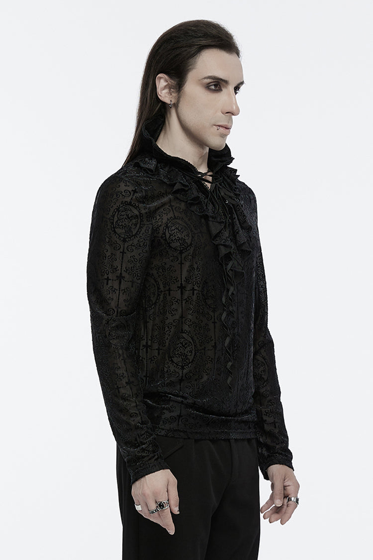 Black Stand Collar Long Sleeves Print Ruffle Men's Gothic Blouse