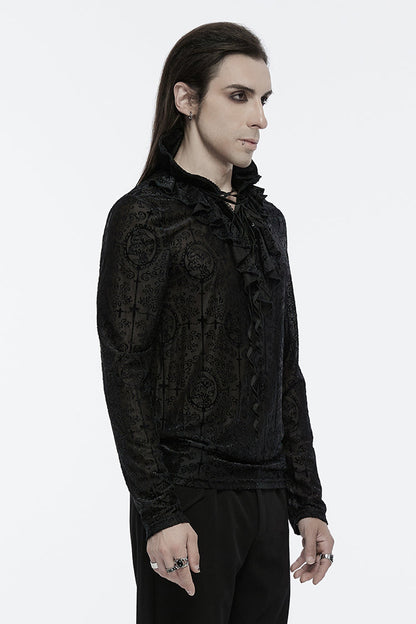 Black Stand Collar Long Sleeves Print Ruffle Men's Gothic Blouse