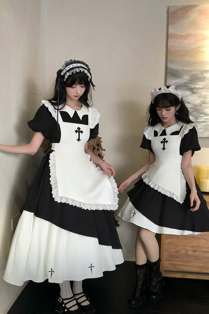 Black/White [Halloween Little Maid] Lapel Collar Long Sleeves Printed Ruffled Asymmetric Nun Gothic Lolita Dress