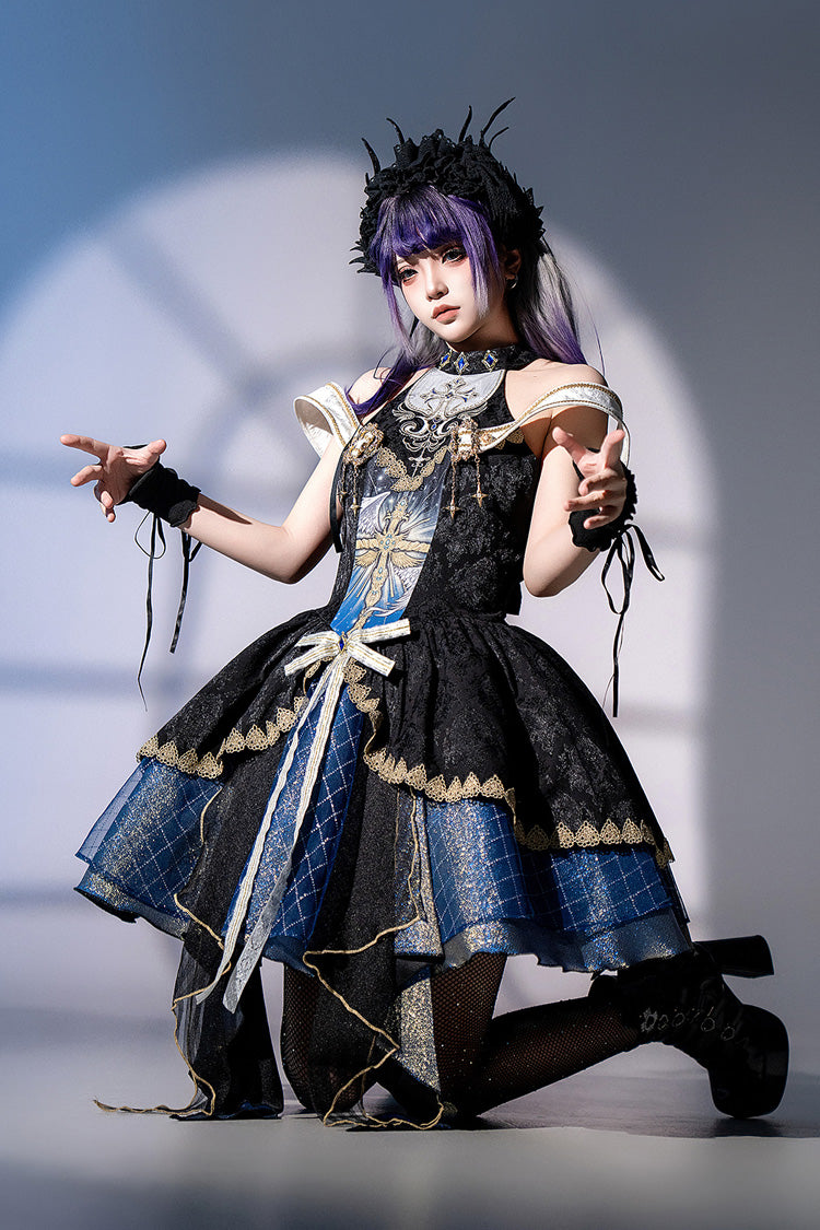 Black/Blue [Universe] Off Shoulder Halterneck Sleeveless Print Embroidery Cardigan Gothic Princess Lolita Dress
