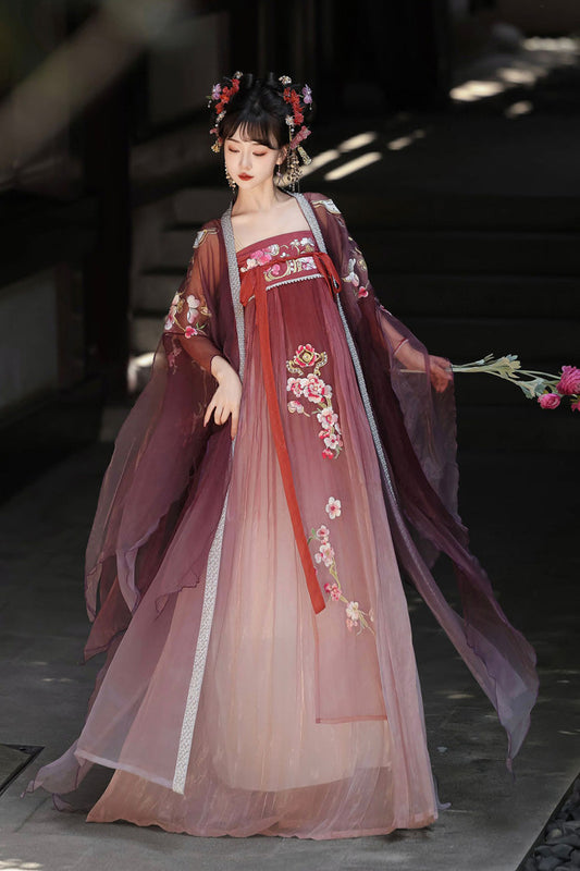 Red Long Sleeves Embroidery Sweet Tang-style Hezi Hanfu Dress Full Set