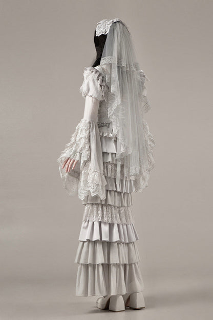 Solid Color [Bionic Doll] Square Collar Multi-Layered Ruffle Bowknot Lace-Up Gothic Lolita Fishtail Skirt Corset Set