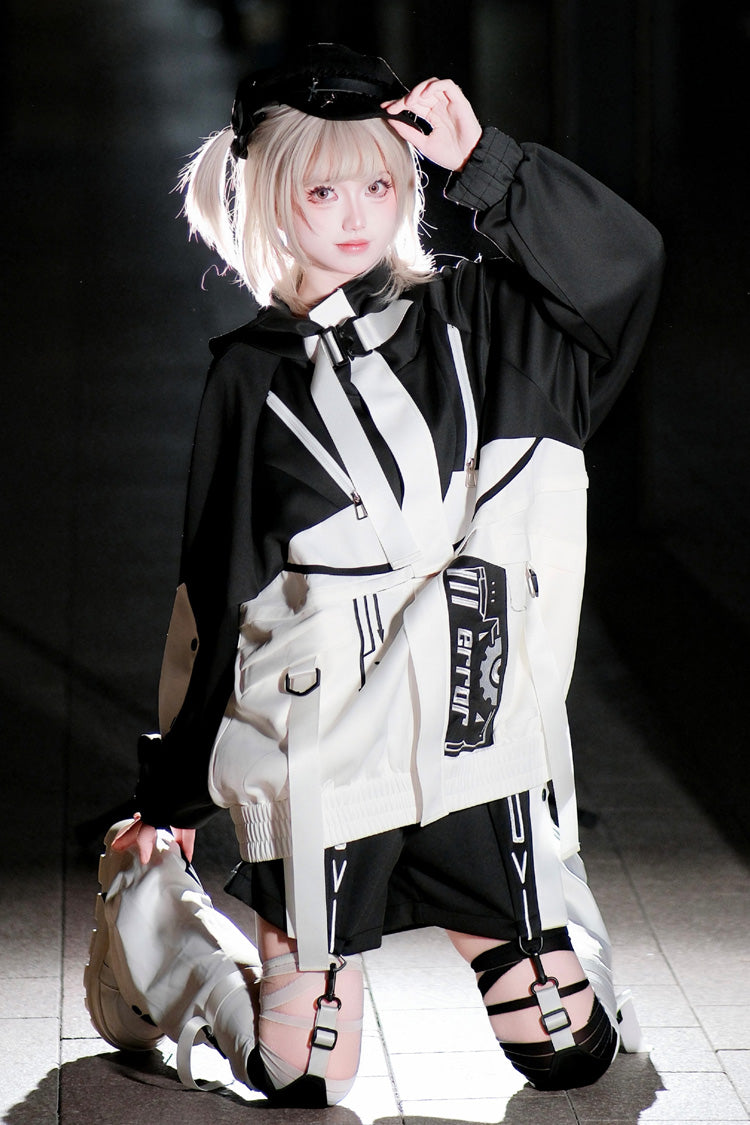 Black/White [Zero-Type Transformation] Techwear Long Sleeves Embroidered Hooded Punk Jirai Kei Shorts Coat Set