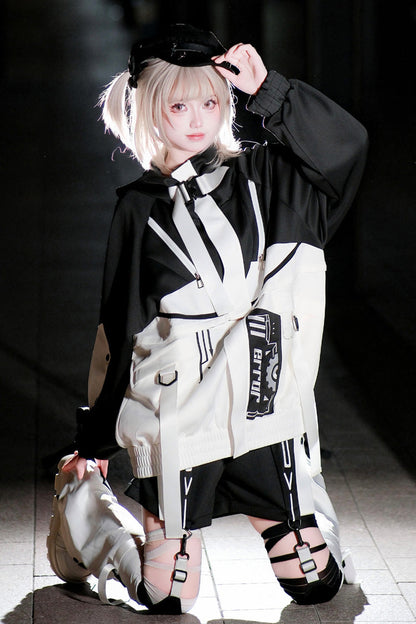 Black/White [Zero-Type Transformation] Techwear Long Sleeves Embroidered Hooded Punk Jirai Kei Shorts Coat Set