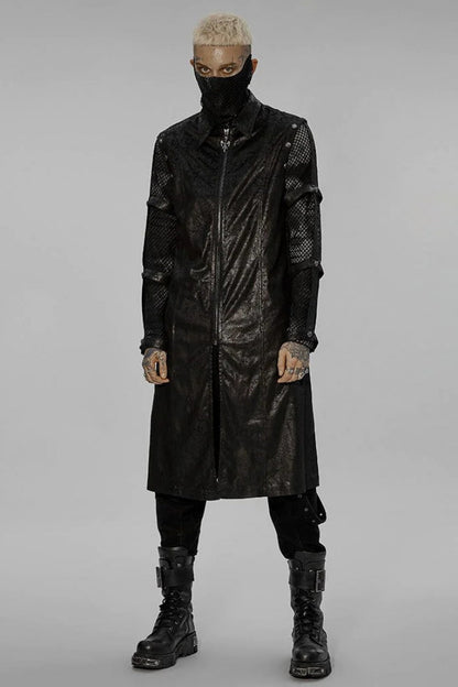 Black Stand Collar Metal Detachable Hollow Long Sleeves Mens Steampunk Coat